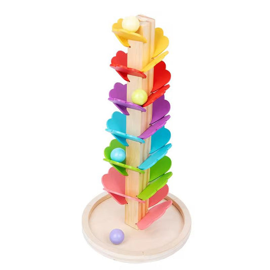 Wooden Rainbow Leaf Tower Ball Run - Sensory Sound Toy for Visual Tracking and Cause-and-Effect Play