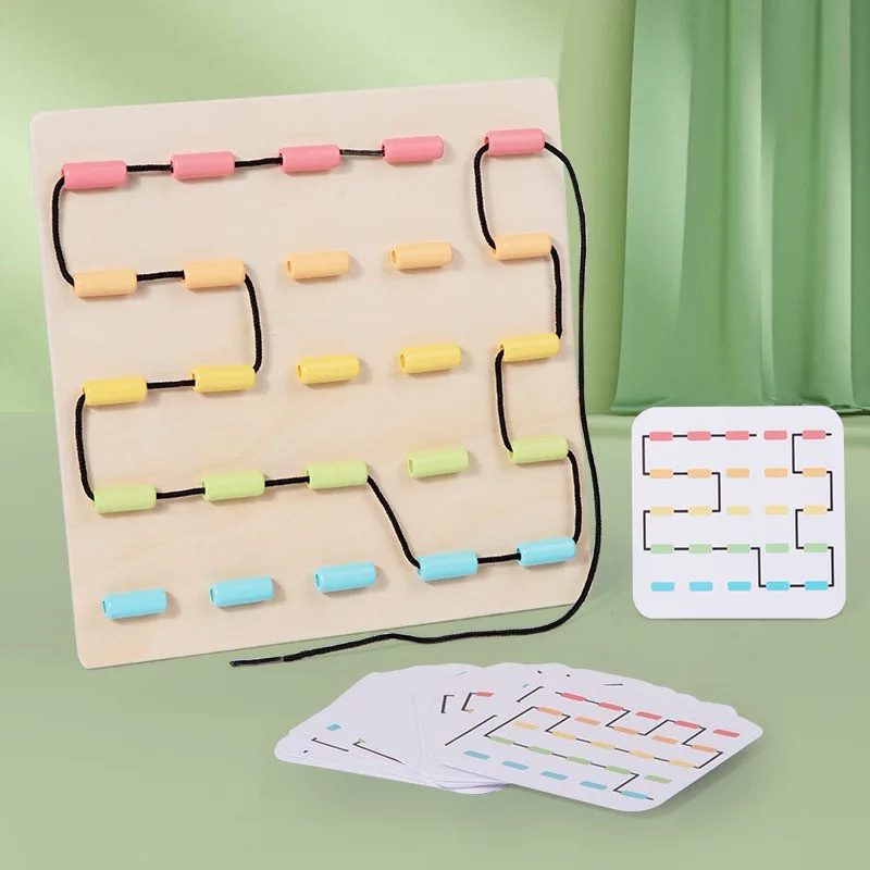 Montessori Fine Motor Threading Game – Pattern Cards and Bead Lacing Board for Toddlers
