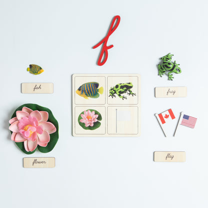 Beginning sound objects for letters G to L with wooden matching cards