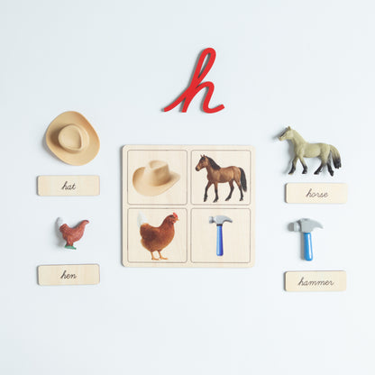 Beginning sound objects for letters Y and Z in Montessori phonics activity