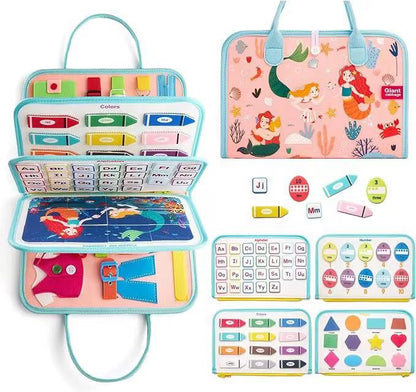 Felt Busy Board for Toddlers – Practical Life Skills Travel Toy with Space, Mermaid and Dino Themes