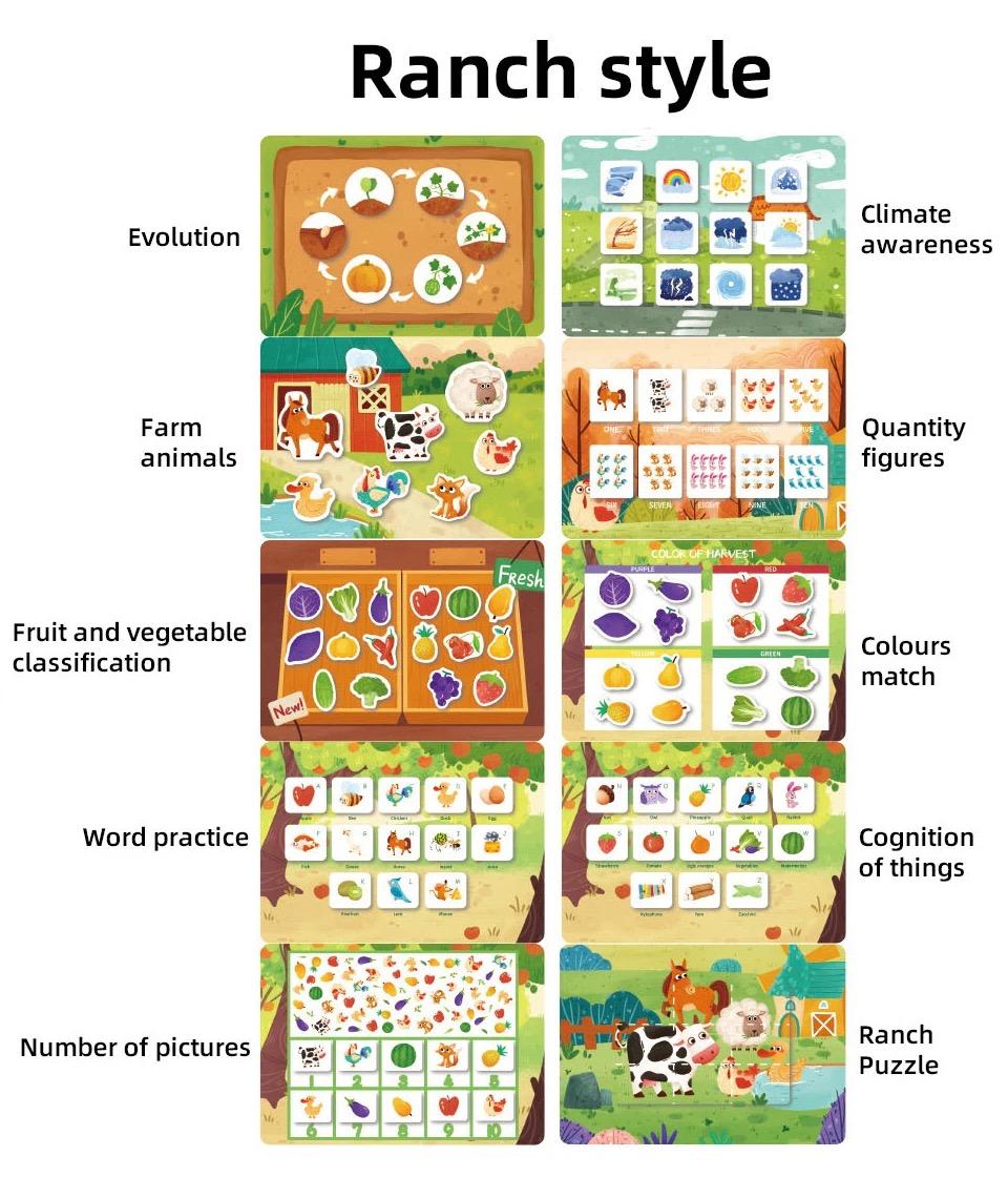 Inside pages of busy book showing multiple educational activities for toddlers