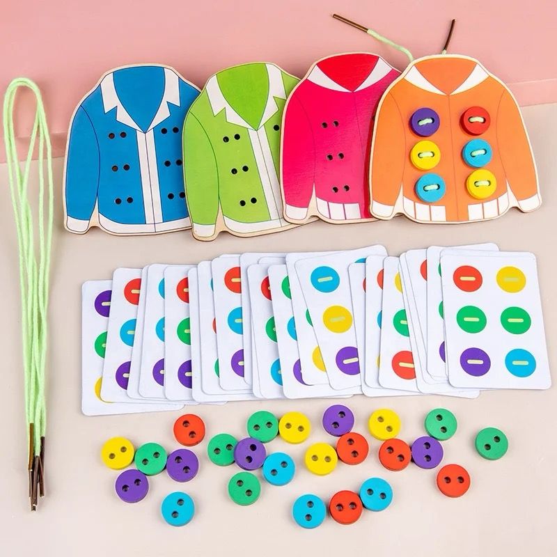 Button matching and lacing set with colorful buttons, lacing cards, and activity pieces for fine motor and color sorting learning
