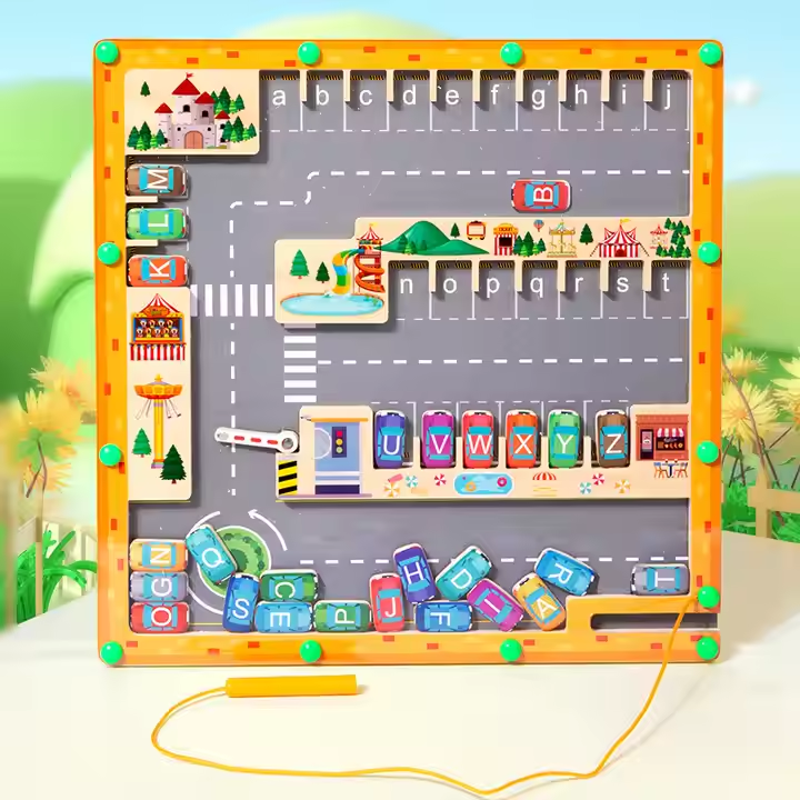 Car alphabet magnetic maze board for uppercase to lowercase letter matching learning