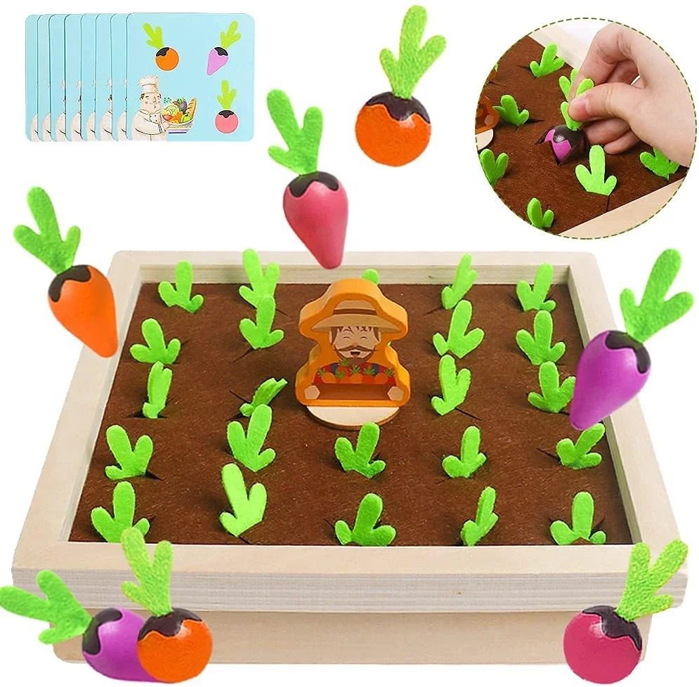 Kids playing carrot pull memory game for fine motor skill development