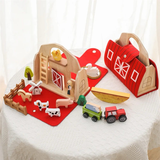 Wooden Farm Pretend Play Set – Barn, Tractor and Animal Figures in Carry Case for Toddlers