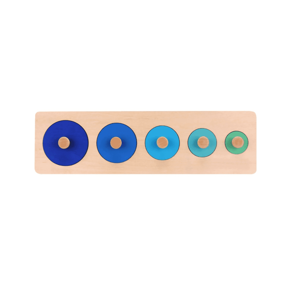 Montessori wooden circle peg puzzle with graduated sizes for toddler size discrimination and fine motor coordination