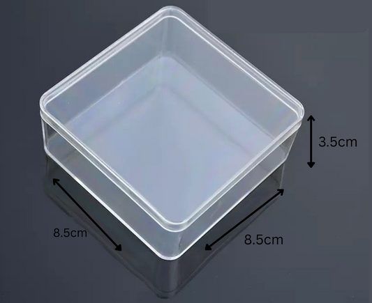Clear plastic storage box 8.5 cm square with 3.5 cm height for organizing Montessori materials