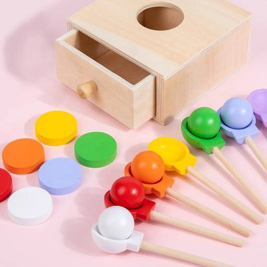 3-in-1 Montessori Object Permanence Box - Ball Drop, Coin Drop, and Color Sorting with Spoons