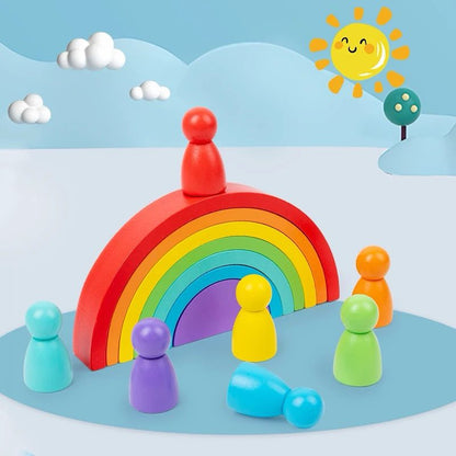 Rainbow Stacking with Pegs – Montessori-Inspired Wooden Toy for Fine Motor, Color Sorting and Imaginative Play