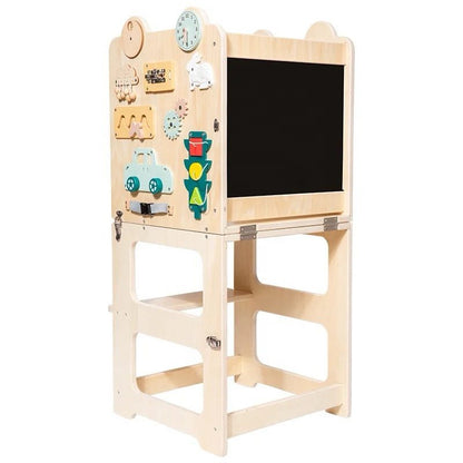 Multifunctional wooden kitchen helper learning tower with chalkboard, adjustable toddler standing stool for kitchen activities