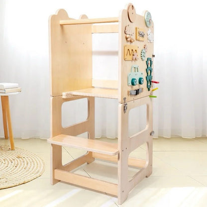 Foldable multifunctional kitchen helper learning tower showing sturdy wooden frame and adjustable safety structure for toddlers