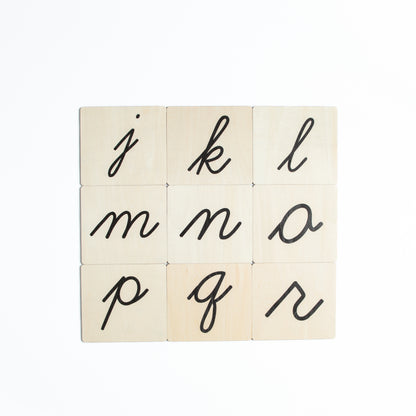 Cursive alphabet practice board for Montessori handwriting and sound work