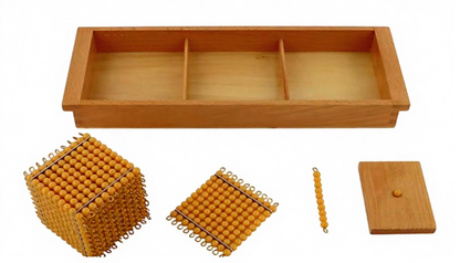 Wooden tray with Montessori decimal quantity materials