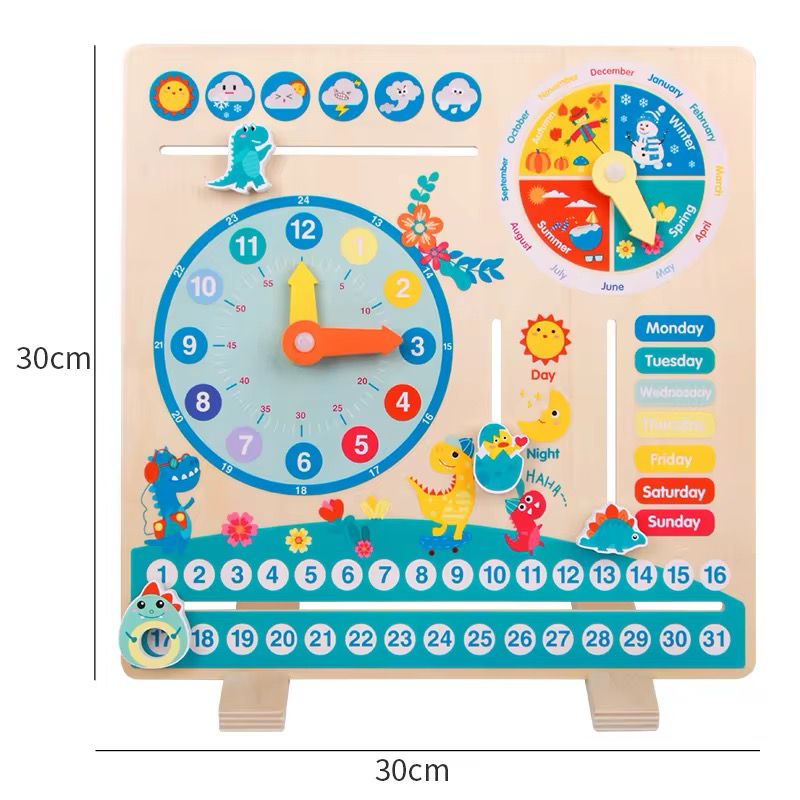 Interactive dinosaur calendar and clock board for kids learning time date and weather
