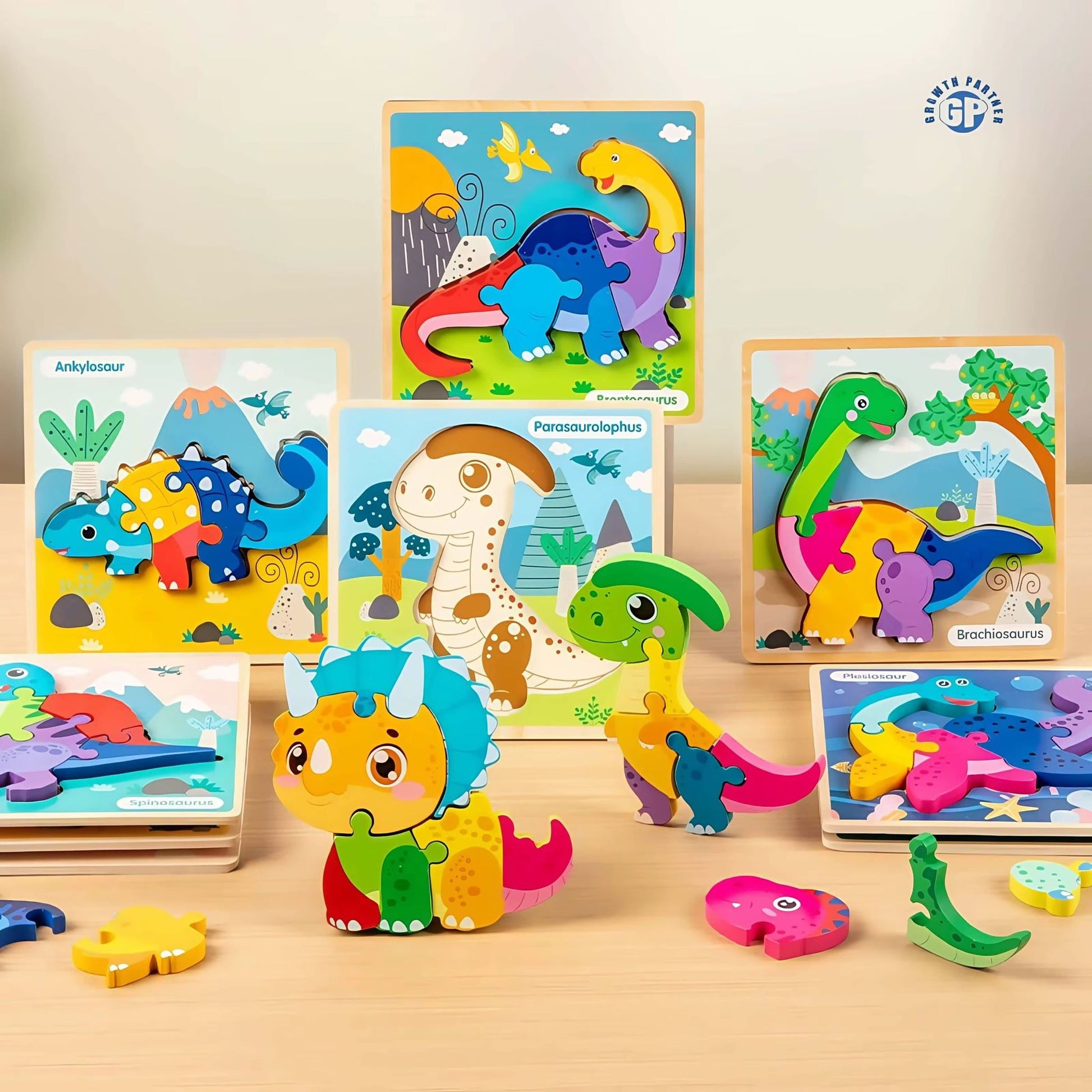 Cute cartoon dinosaur wooden puzzle designed for toddlers and preschool children