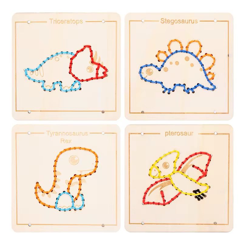 Embroidery pattern cards and wooden boards arranged for guided sewing and visual matching