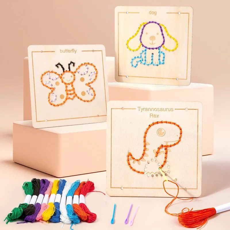 Colorful embroidery threads and child-safe sewing tools included with the wooden embroidery board set