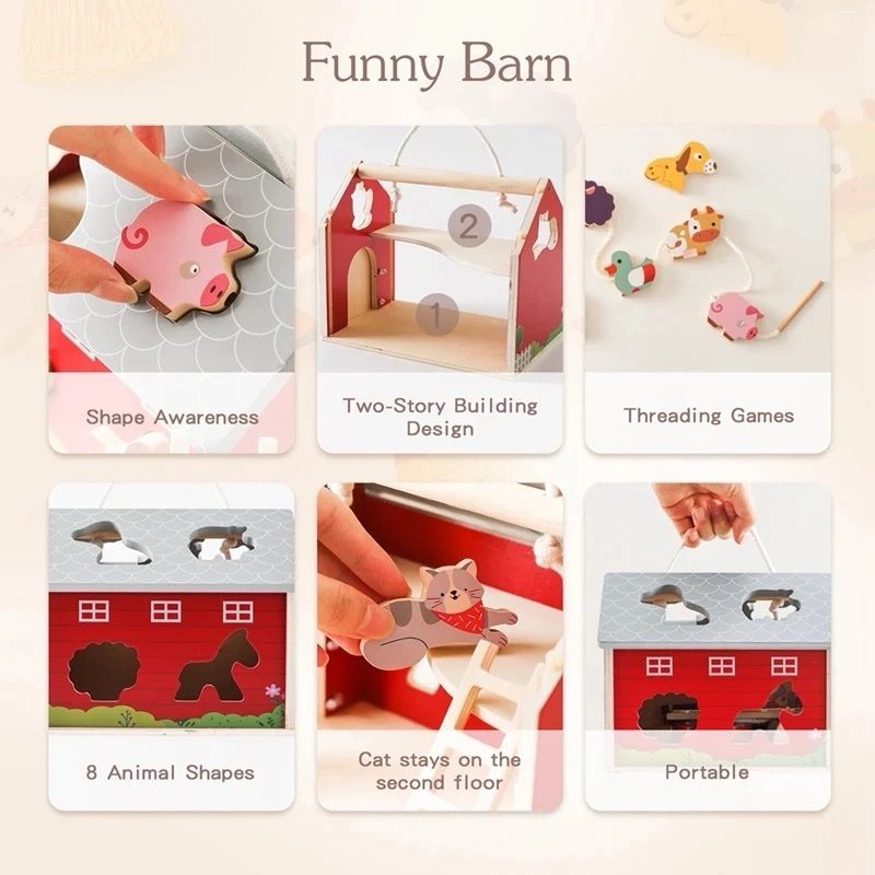 Wooden Farm Pretend Play Set – Barn, Animals and Tractor Toy with Lacing Activity for Toddlers
