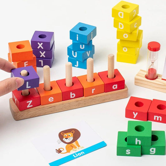 Five Pillars Spelling Game – Wooden Word Building Toy for Early Literacy and Language Development