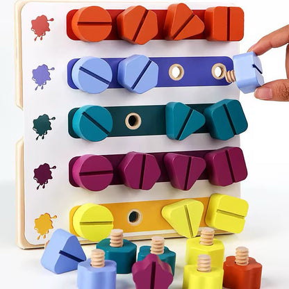 Montessori Wooden Screw Board | Rainbow Nut Shape Sorting and Matching Toy