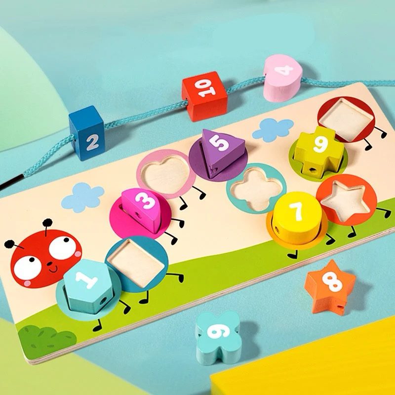 Montessori Counting and Shape Sorting Toy – Wooden Lacing Board for Preschool Math and Fine Motor Development