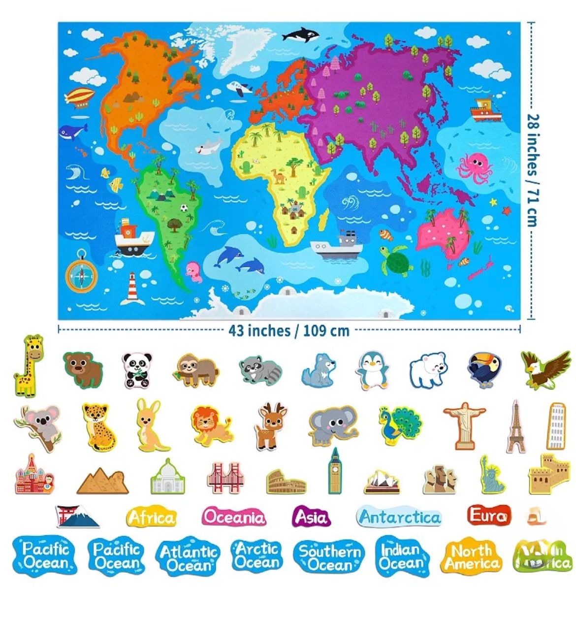 World Map Felt Board Set | Continents Puzzle | 7 Continent Animals and Culture