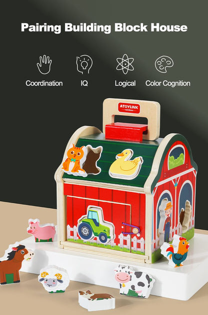 Wooden Barn Shape Sorter - Farm Animal Puzzle and Fine Motor Activity