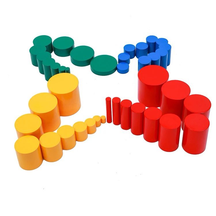 Full set of Montessori knobless cylinders arranged by height and diameter in yellow, red, blue, and green.