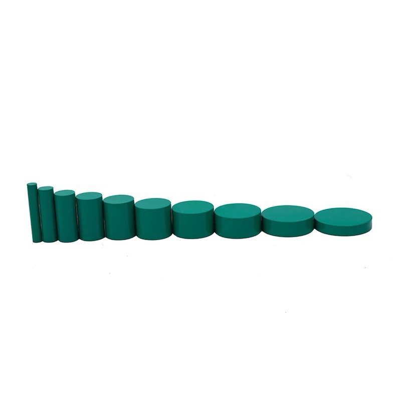 Green Montessori knobless cylinders arranged from thin to wide.