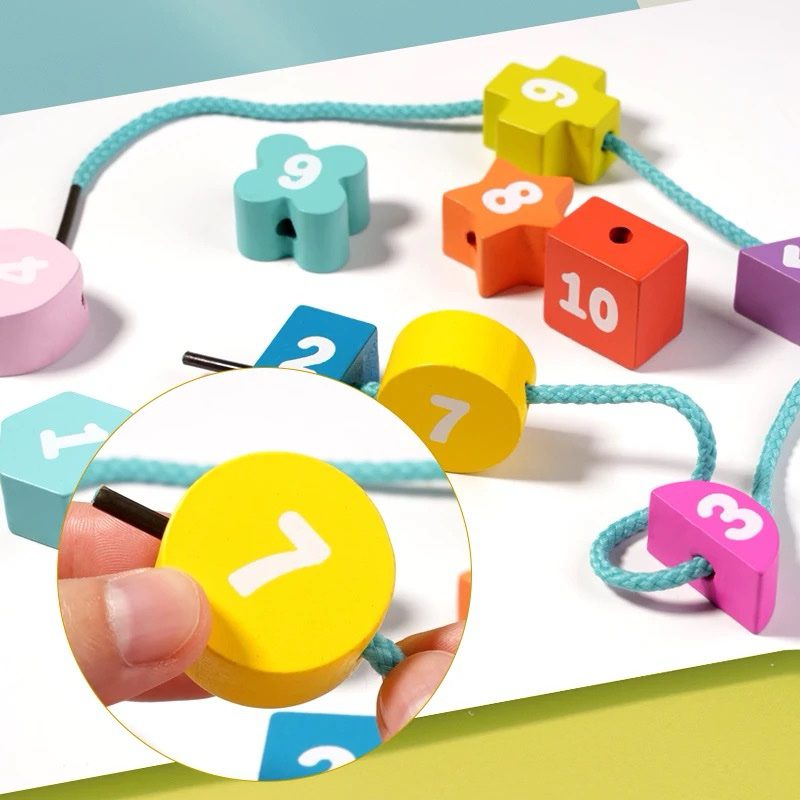 Montessori Counting and Shape Sorting Toy – Wooden Lacing Board for Preschool Math and Fine Motor Development