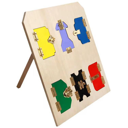 Toddler lock and latch practical life board
