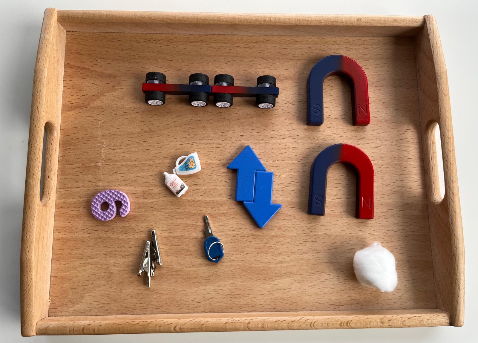 Magnetic polarity exploration and sorting set with magnets and objects used for hands-on STEM science learning