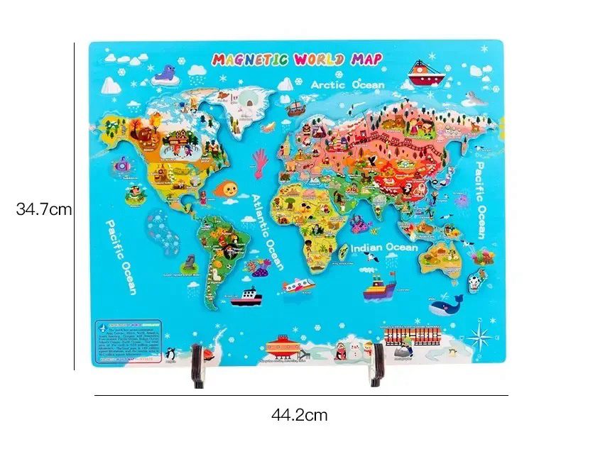Magnetic world map complete set with country puzzles, flags, flash cards, and accessories