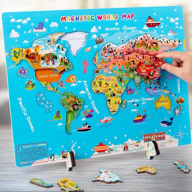Close-up of magnetic world map country puzzle pieces for geography education