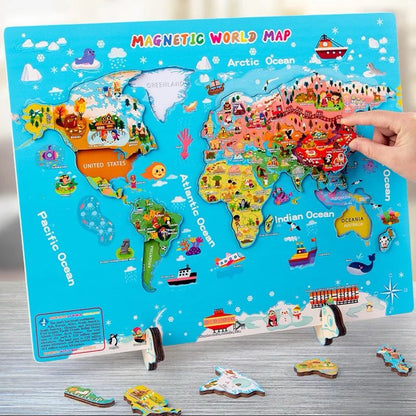 Close-up of magnetic world map country puzzle pieces for geography education