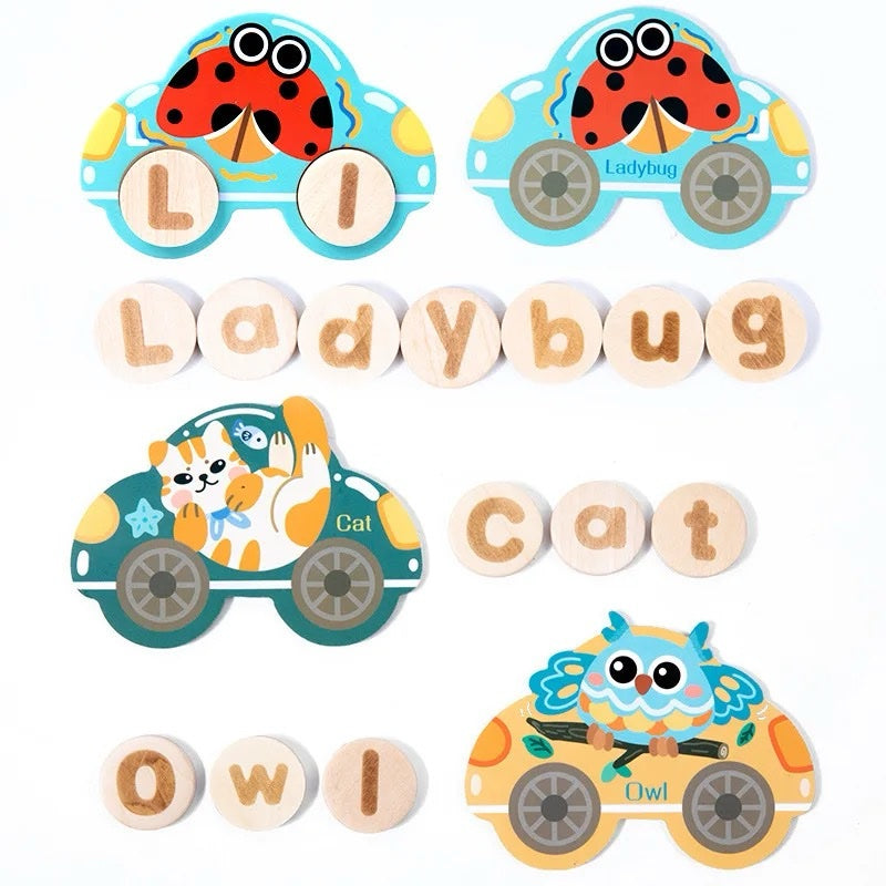 Montessori alphabet car activity for matching capital and small letters in a hands-on way