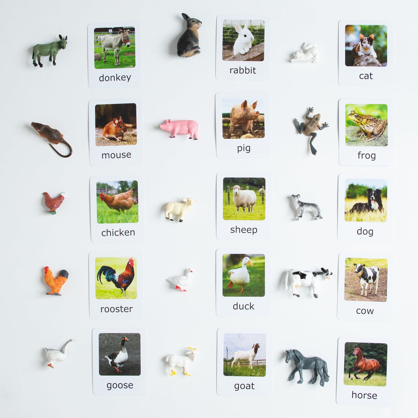 Montessori farm animals matching set with animal figurines and picture cards including cow, goat, sheep, horse, donkey, pig, chicken, duck, goose, dog, and cat