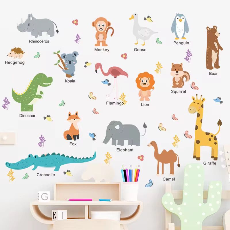 Animal wall sticker set with jungle and zoo animals for Montessori classroom learning decor