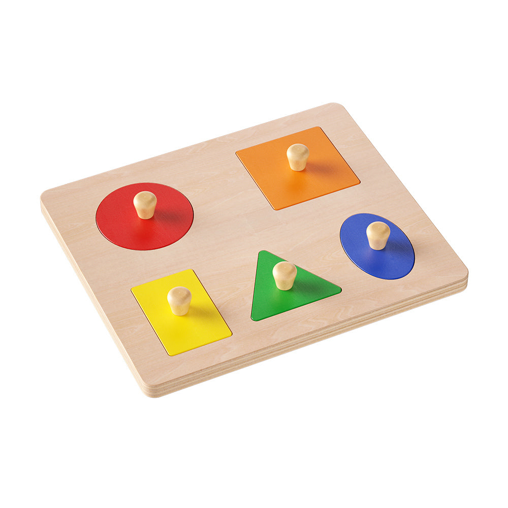 Montessori wooden basic shapes knob puzzle board with circle, square, triangle, oval, and rectangle pieces to develop shape recognition, fine motor skills, and hand-eye coordination for toddlers.