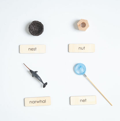 Montessori beginning sound objects for letters M to P with realistic miniatures