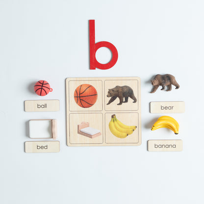 Montessori beginning sounds object tray for hands-on phonics practice