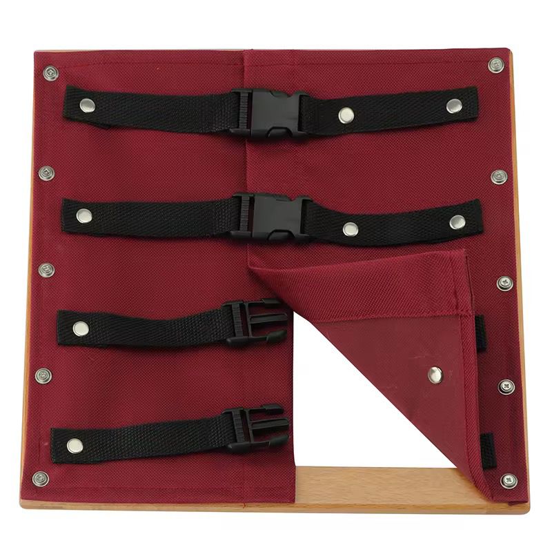 Montessori buckle dressing frame showing open buckle clips, practical life activity for fine motor skill development
