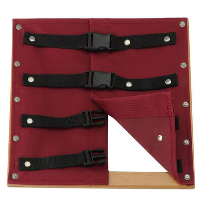 Montessori buckle dressing frame showing open buckle clips, practical life activity for fine motor skill development