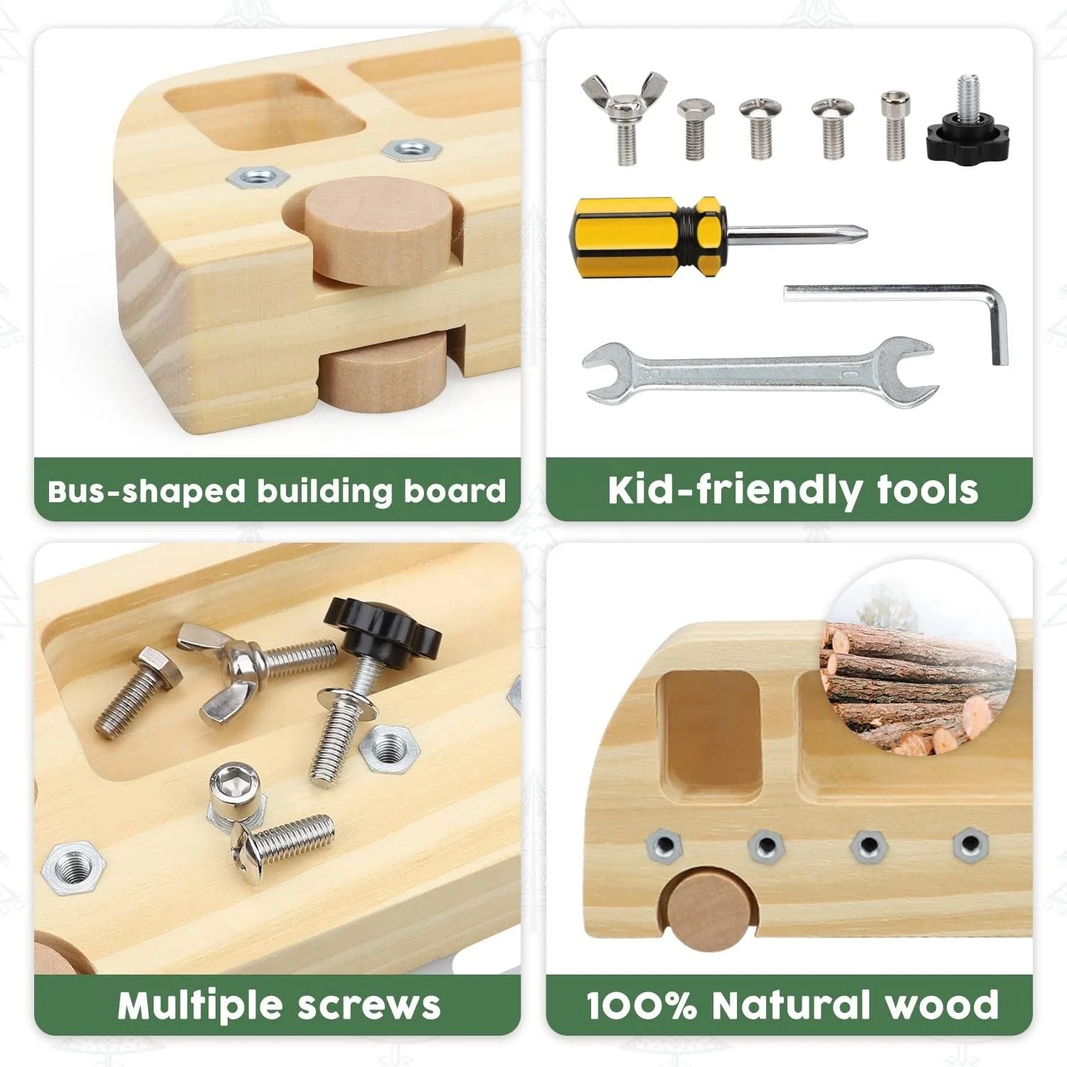 Step-by-step guide demonstrating how children use tools to assemble and disassemble the Montessori busy bus