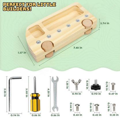 Close-up of nuts, bolts, gears, and fasteners on a Montessori busy bus STEM learning toy