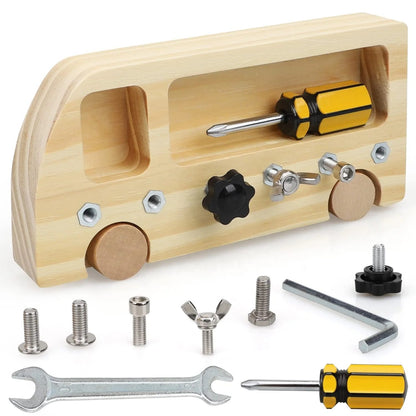 Wooden Montessori busy bus showing nuts, bolts, screwdriver, wrench, and removable parts for practical life work
