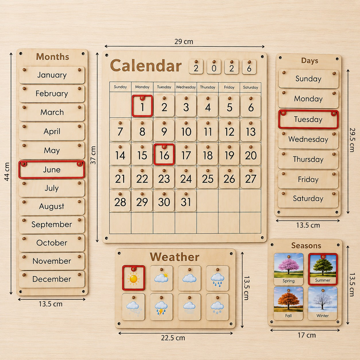Complete Montessori wooden calendar learning set with months, dates, days, weather and seasons