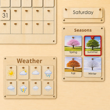 Montessori wooden calendar set with weather and four seasons learning boards