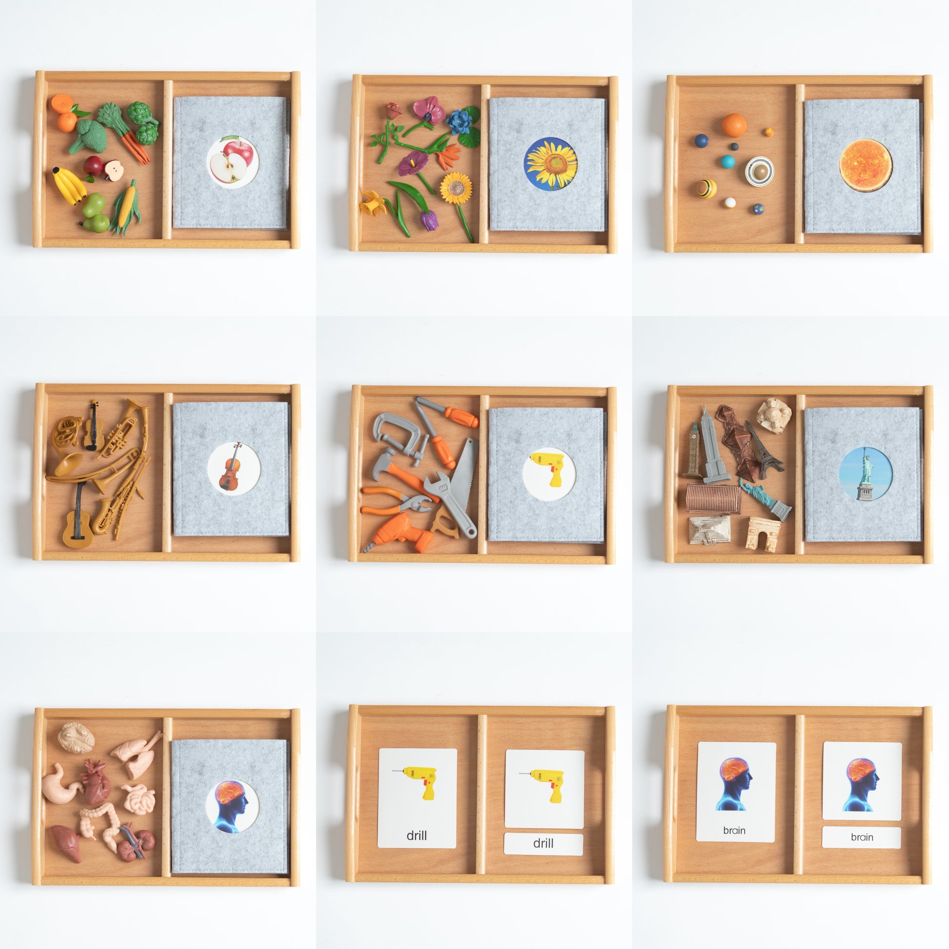 Montessori classification set displayed in a grid showing multiple categories with mini objects and cards
